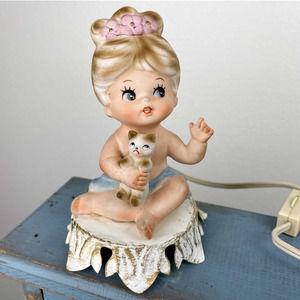 Vintage Lamp Bare Tush Baby Girl Holding Kitten Ceramic Bisque Night Light